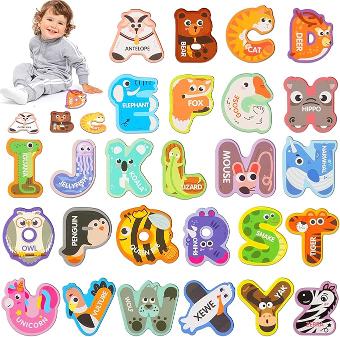 Magnetic Letters, Fridge Alphabet Magnets ABC for Toddlers 1-3, 26 PCS Cute Animal Uppercase Refrigerator Toys, Preschool Spelling Learning Games, Ideal Educational Gift for Kids 2 4 5 Years Old