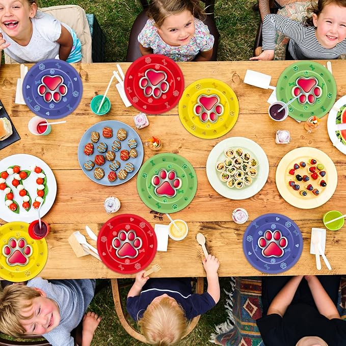 CHUNNIN 48Pcs Dog Paw Party Paper Plates for Dog Birthday Themed Party Supplies 7" Cute Pet Paw Print Disposable Dessert Plates for Boy Girls Kids Baby Shower Puppy Birthday Parties Decorations