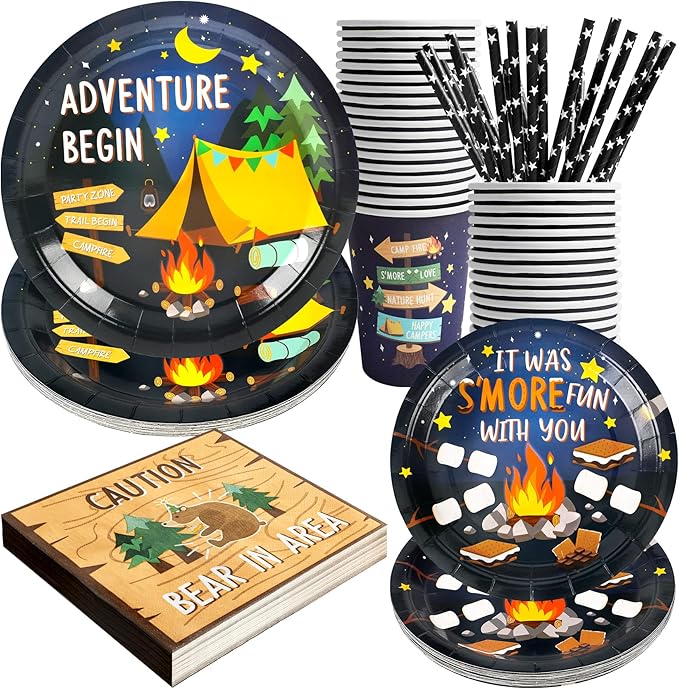 Camping Party Supplies Decorations, Campfire Hiking Camper Theme Birthday Paper Plates and Napkins Set with Cups and Straws for 24 Guests, 120 Pcs Disposable Party Snack Dinnerwares