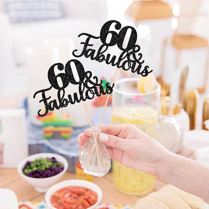12 PCS 60 and Fabulous Centerpiece Sticks Double Sided Happy 60th Birthday Table Flower Centerpieces Sticks Cheers to 60 Floral Decorations for 60th Birthday Anniversary Party Supplies Black