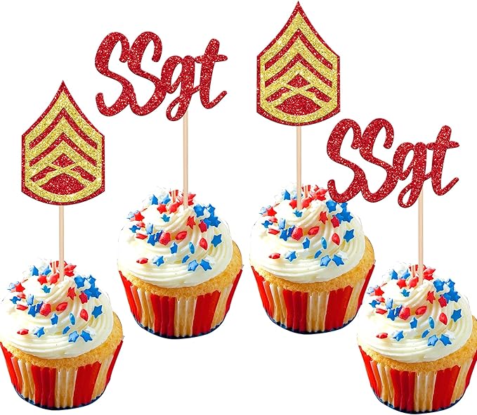 24 Pack SSGT Staff Sergeant Cupcake Toppers Glitter Military Bound Glitter Emblem Badge Cupcake Picks for Military Army Themed Cake Decorations Birthday Party Supplies Red Gold