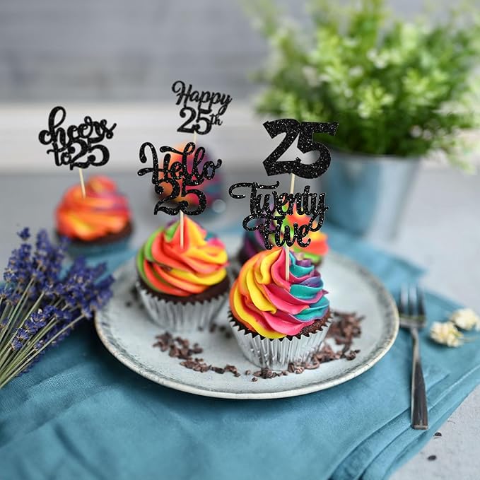 30pcs 25th Birthday Cupcake Toppers - 25th Anniversary Cake Decorations with Black Glitter