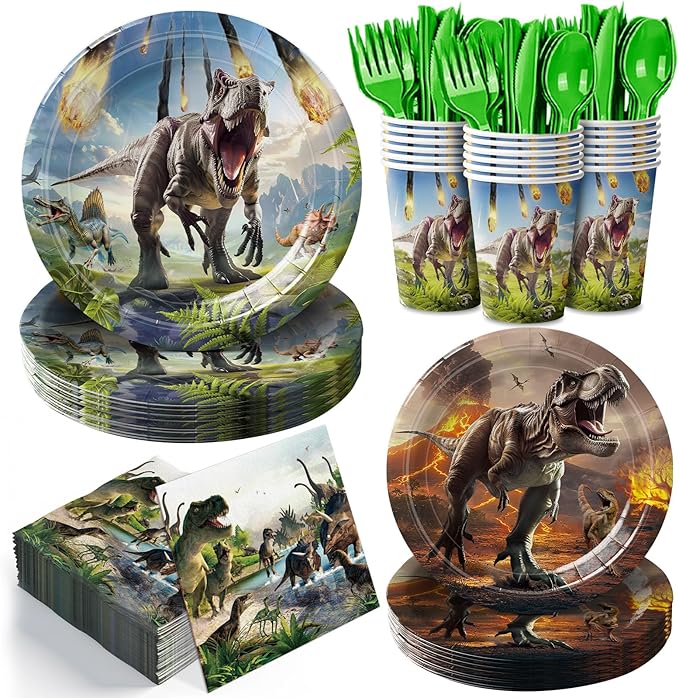 168pcs Dinosaur Party Supplies Dino Plates Napkins Disposable Tableware Set Paper Cups Green Forks Dinosaur Birthday Party Decorations for Boys Kids Birthday Decor Severs 24