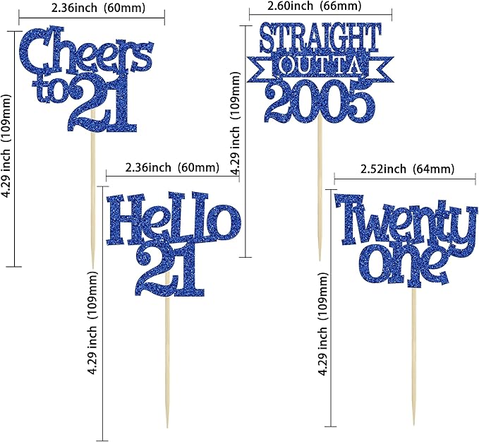 Ephlyn 24Pcs 21st Birthday Cupcake Toppers Glitter Straight Outta 2005 Cupcake Picks Hello 21 Cheers to 21 Years Cake Decorations for 21st Birthday Anniversary Party Decorations Supplies Blue