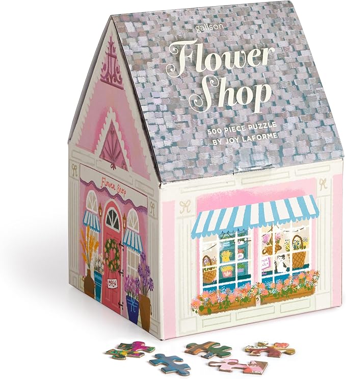 Galison Joy Laforme Flower Shop – 500 Piece Unique House Shaped Puzzle with Dreamy and Springtime Artwork of A Cozy Flower Shop