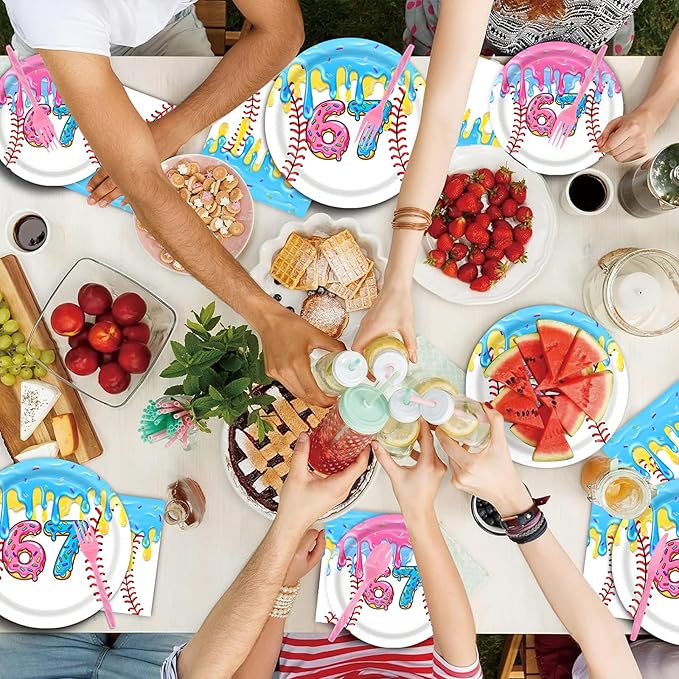 6 7 Birthday Party Supplies, include 20 Plates and 20 Napkins, for 6 7 Ice Cream Drip Baseball Six Seven Birthday Party Decorations