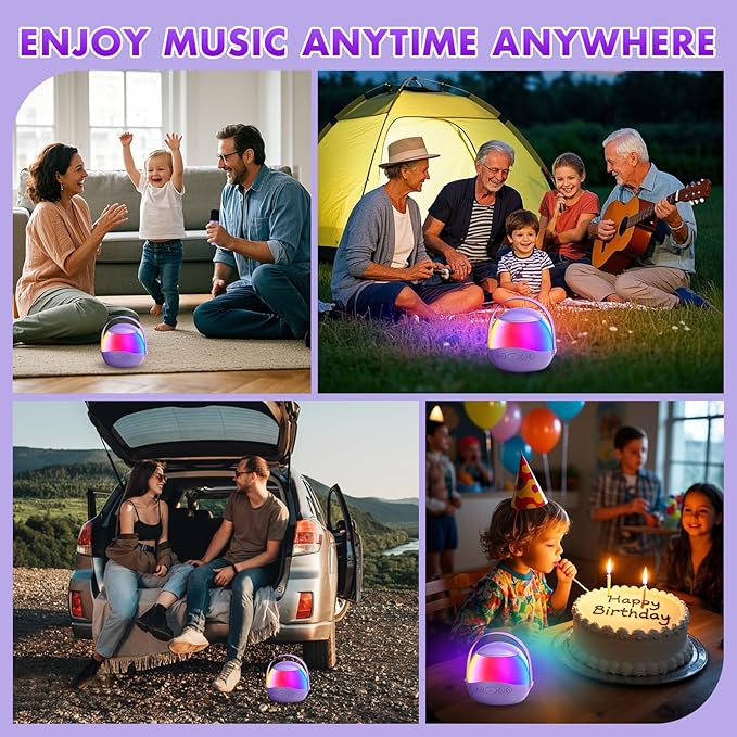 Mini Karaoke Machine Gifts for Kids Adults, Portable Karaoke Speaker with 2 Wireless Microphones, Kids Microphone with Speaker and LED Light, Birthday Gifts for Girls Boys 3-12+ Year Old (Purple)