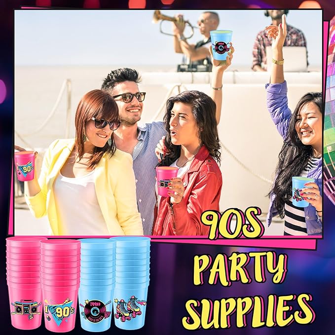 24 Pcs 90s Theme Cups 16 oz Reusable Thick Retro Disco Party Plastic Drinking Cup Rose Red and Blue Retro Music Throwback Dance Party Decorations Birthday Supplies