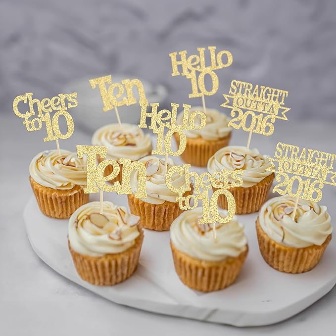 Ephlyn 24Pcs Happy 10th Birthday Cupcake Toppers Glitter Ten Cupcake Picks Hello 10 Cheers to 10 Years Cake Decorations for 10th Birthday Anniversary Party Decorations Supplies Gold