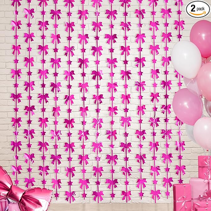 Bow Party Decorations, 2 Pack Hot Pink Birthday Party Supplies, 3.3 X 6.6 ft Foil Fringe Curtains, Pink Bow Photo Booth Props Photo Backdrop for Birthday, Bachelorette, Girls Party Decor
