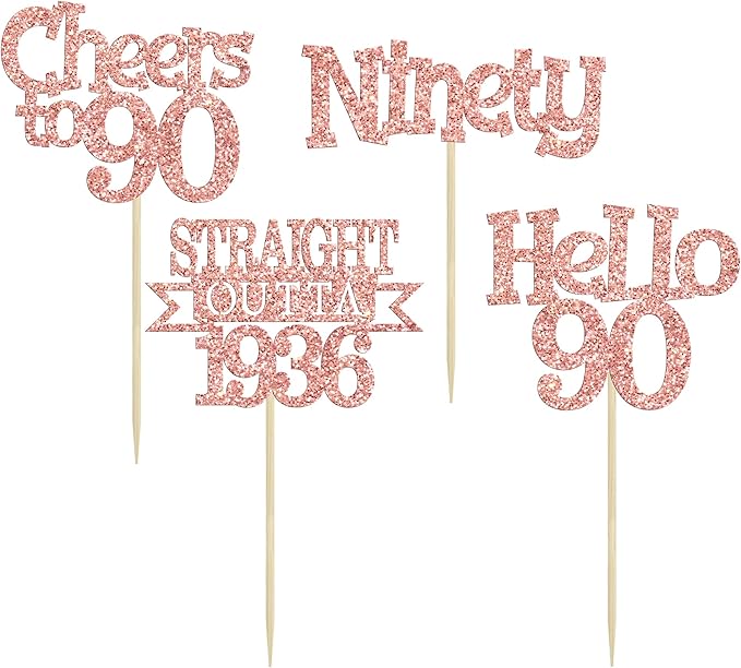 Ephlyn 24Pcs Happy 90th Birthday Cupcake Toppers Glitter Straight Outta 1936 Cupcake Picks Hello 90 Cheers to 90 Years Birthday Cake Decorations for 90th Birthday Anniversary Party Supplies Rose Gold