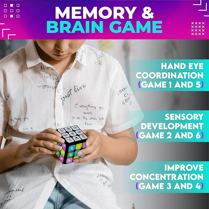 Toysery Flashing Cube Electronic Memory & Brain Game. 7-in-1 STEM and Handheld Learning. Ages 8+ Years