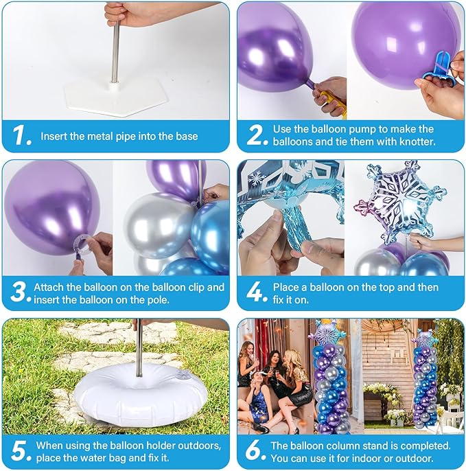 2 Sets Snow Party Balloon Column Stand Kit with 102 Balloons Winter Wonderland 5.57ft Adjustable Balloon Tower Stand with Bases Snowflake Balloons Arch Column for Girl Princess Birthday Party Supplies