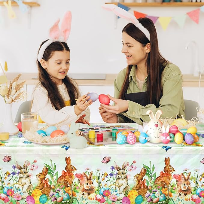 Accevo Easter Tablecloth 54 x 108 Inch Rectangle,2 Pack Easter Decorations, Disposable Plastic,Easter Bunny Table Cloth for Dining Room Spring Oblong Tablecloth Indoor Decor Party