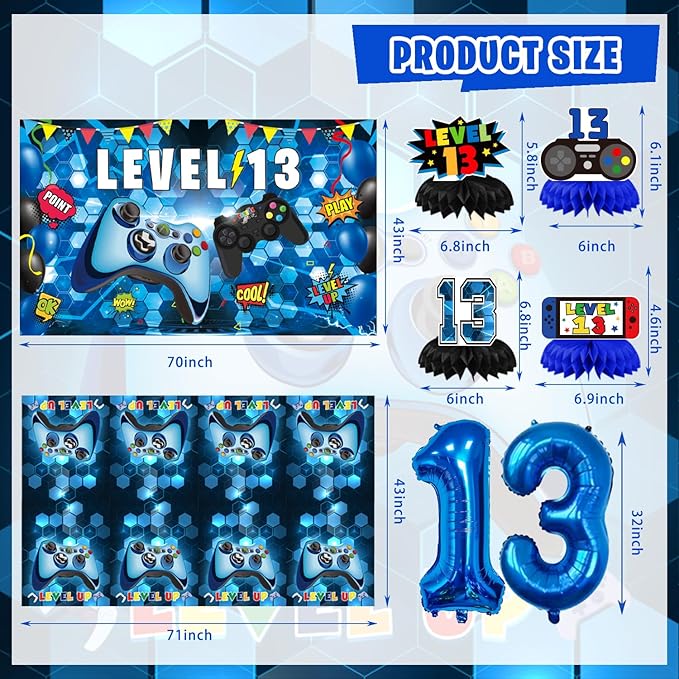 13th Birthday Decorations for Boys, 150Pcs Blue Video Game level 13 Party Supplies for Boy 13th Birthday - Backdrop, Banner, Balloons, Tablecloth, Centerpieces, Hanging Swirls, Wall Signs