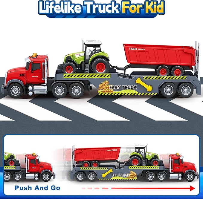 Toddler Boy Toys for 3 4 5 6 7 Years Kids, 21" Semi Flatbed Truck Toy with a Farm Truck, Friction Powered Vehicles Toys with Lights and Sounds, Birthday for Boy Girls