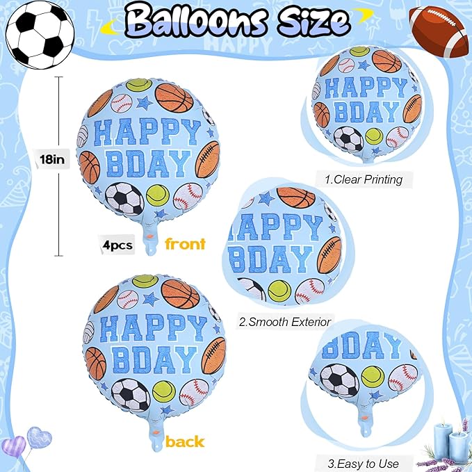 Sports Birthday Balloons Party Decorations, 18 Inch Inflatable HAPPY BDAY Mylar Foil Sports Balloon with Baseball Volleyball Basketball Soccer Game Print for Boy Baby Shower Birthday Party Decorations