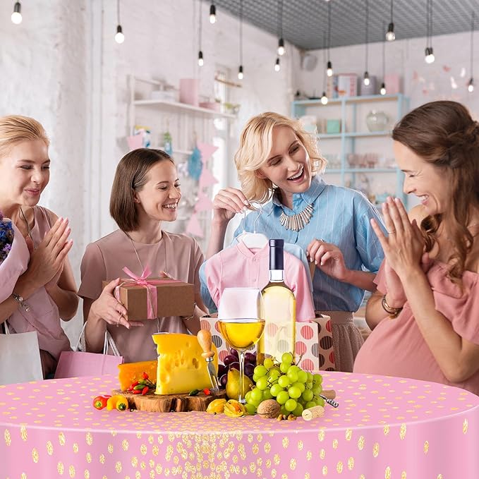VitalCozy Round Dot Tablecloth 84 Inch Plastic Table Cover Polka Dot Confetti Tablecloths for Easter 2026 Graduation Prom Wedding Birthday Spring Party Supplies(Pink and Gold,3 Pcs)