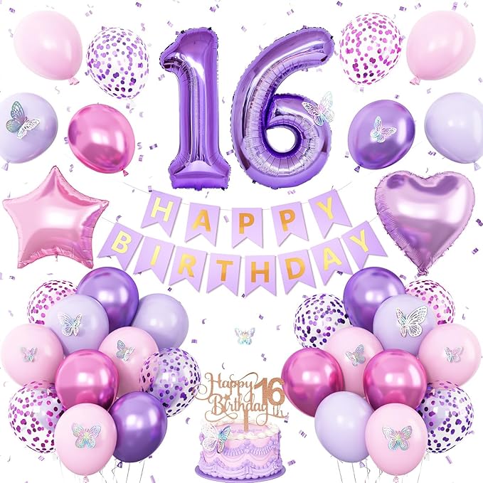 16th Purple Birthday Decorations,Pink Purple 16th Birthday Decorations for Girls Lavender Party Decor Number Foil Balloons Cake Topper Butterfly Stickers for Girls 16 Year Old Party Decorations