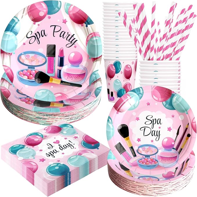 Spa Birthday Party Decorations, 120Pcs Spa Day Party Supplies Disposable and Relaxing Tableware Includes Plates, Napkins, Cups and Straws | Serves 24