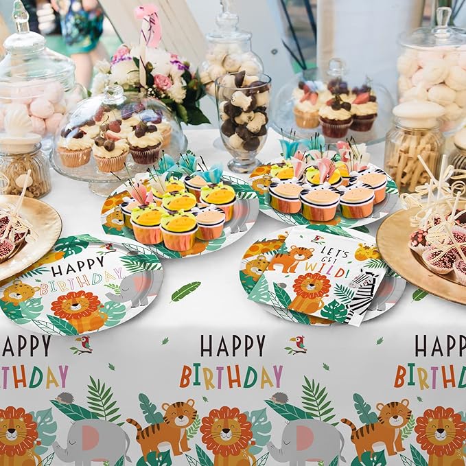 Safari Birthday Party Supplies Jungle Disposable Paper Plates Napkins Cups Tablecloth and Banner for Safari Jungle Theme Birthday Decorations, Serve 25