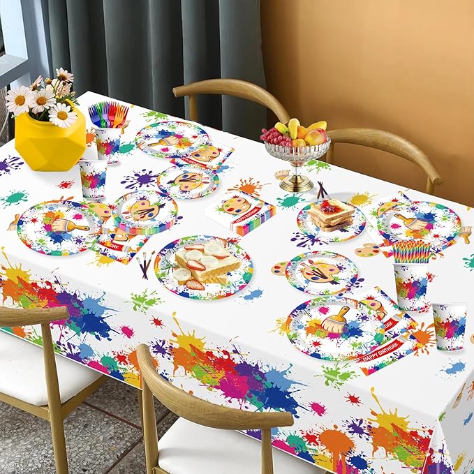 200pcs Paint Party Decorations for Kids and Art Lovers, Convenient Disposable Paper Tableware Set Includes 300gsm Plates and 2 PE Plastic Tablecloths for Paint Party and Celebration