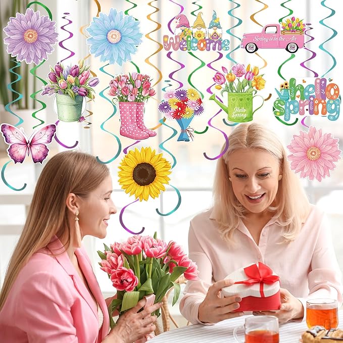 Spakon 72 Pcs Hello Spring Hanging Swirl Decorations Spring Party Decoration Assorted Sunflower Tulips Trucks Gnome Butterfly Ceiling Decor for Office Party Favors Home Supplies