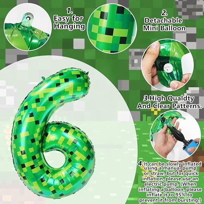40in Pixel Number 6 Balloon Birthday Decorations, Miner Theme Foil Balloons banner Blast Gaming Party Supplies