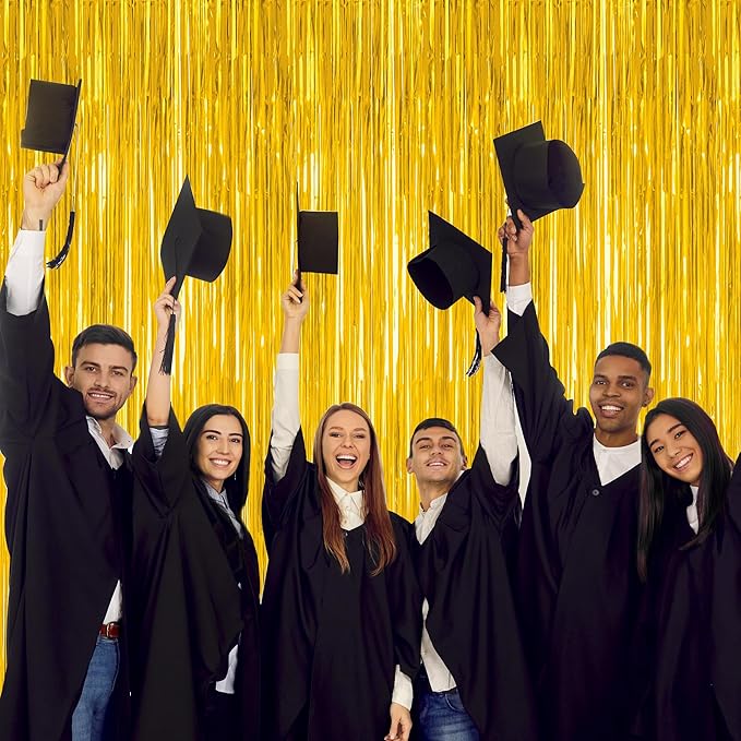 12 Pack 2026 Graduation Decorations, 3.28 FT x 7.05 FT Gold Backdrop Curtains, Metallic Class of 2026 Backdrop Fringe Curtains Foil Streamer, Gold Grad Decorations 2026 Party Supplies
