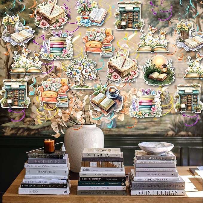30CT Book Themed Hanging Swirls Party Decorations Vintage Book Party Decor Reading Lover Book Club Ceiling Streamers Book Sign Library Bookworm Supplies for Birthday Baby Shower Reading Party