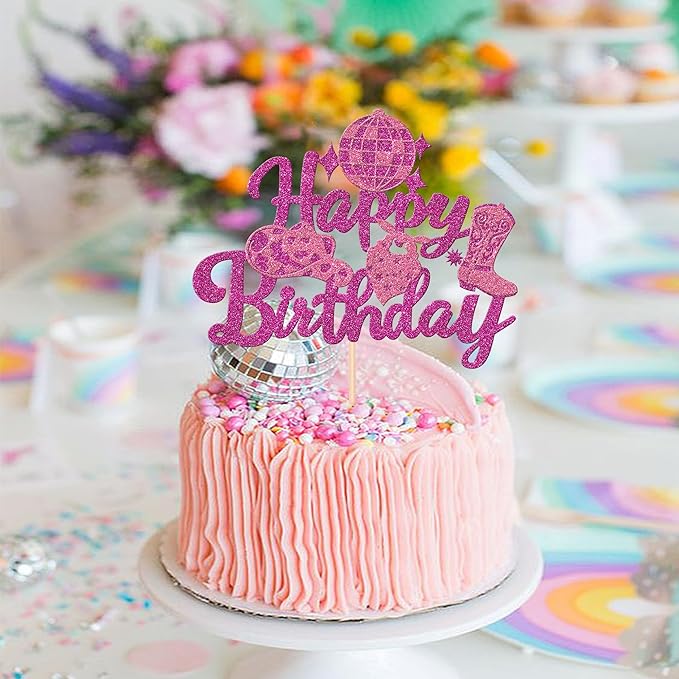 1 PCS Cowgirl Happy Birthday Cake Topper Glitter Western Cowgirl Birthday Cake Pick Hat Boot Disco Cowgirl Cake Decorations for Western Cowgirl Rodeo Theme Girls Birthday Party Supplies Rose Red