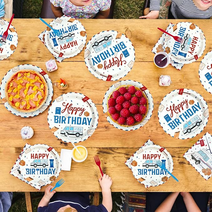 96 Pcs Mailman Party Supplies Red Blue Mail Happy Birthday Plates and Napkins Disposable Mail Truck Mailbox Tableware Set for Postal Worker Birthday Party Decorations Serves 24