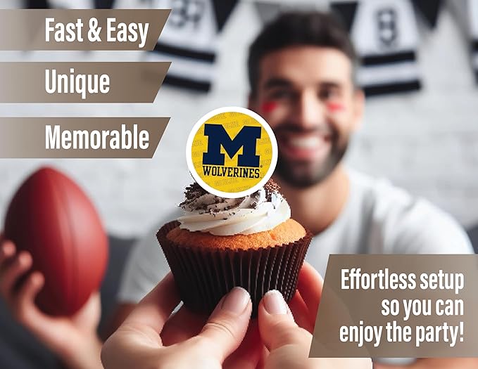 University of Michigan Cupcake Topper Party Supplies for U of M Football, Birthday, Graduation Party Decorations (24 Pieces) (Michigan Wolverines)