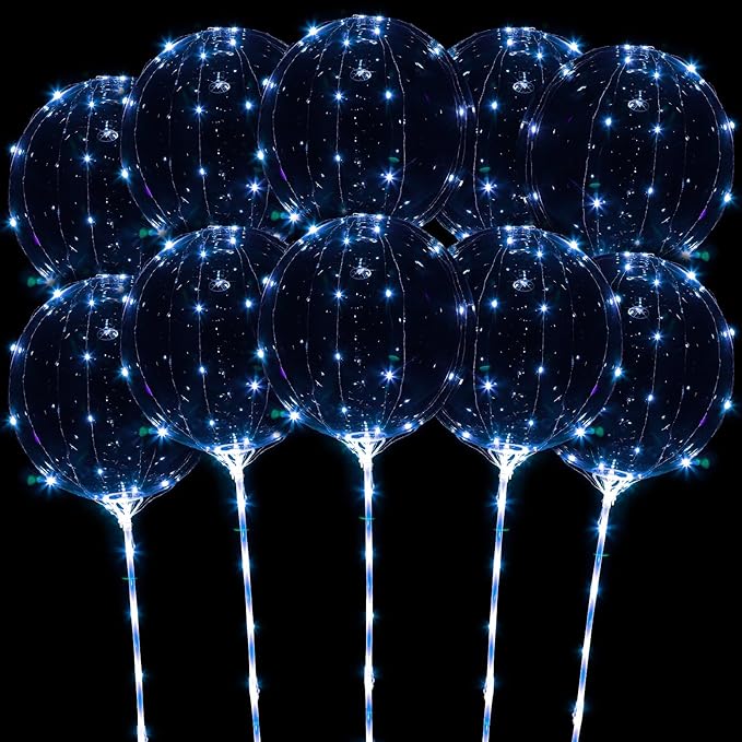 LED Balloons Light Up, 10 Pack LED Balloons with Sticks, 20 Inch Clear Bobo Balloon with Lights Helium Glow Bubble Lights for Party Supplies Valentines Decor (Blue)