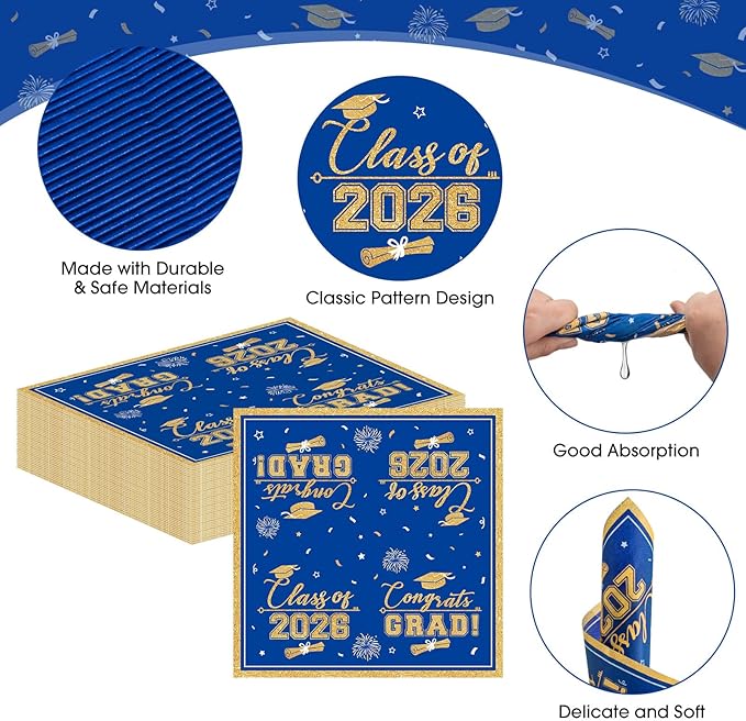 50 Pcs Graduation Napkins Class of 2026 - Blue Gold Congrats Grad Napkins Set, 3-Ply Disposable Graduation Luncheon Dinner Party Paper Napkins for Graduations Party Supplies Table Decoration