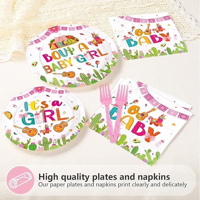 96Pcs Mexican Baby Shower Decorations Taco Bout A Baby Girl Plates and Napkins Mexico Fiesta 1st Birthday Decoration Favor for Girl Mexican Taco Cinco de Mayo Gender Reveal Party Supplies Serves 24