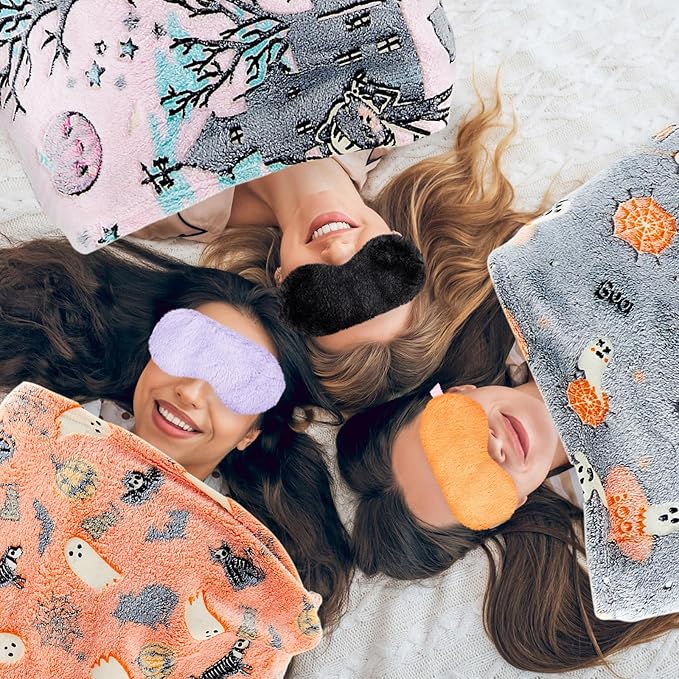 18 Pcs Sleepover Party Supplies, 6 Glow in The Dark Unicorn Blanket 6 Coral Fleece Headband 6 Plush Eye Mask Covers for Sleeping Slumber Sleepover Spa Party Gift (Ghost)