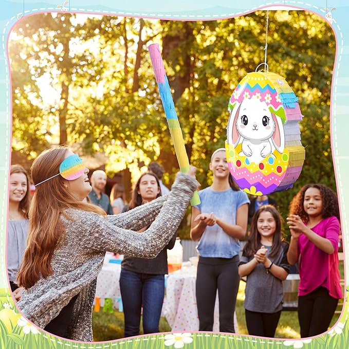 Bunny Easter Egg Piñata with Blindfold, Bat and Filler, Funny Cute Bunny Party Favors for Cute Easter Egg Theme Adults Party Supplies Decoration