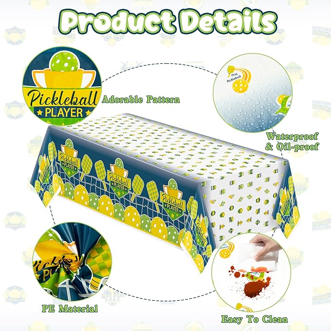 6 Packs Green Pickleball Tablecloth Disposable Waterproof Rectangle Plastic Table Cover Pickleball Player Sports Theme Indoor Outdoor Tablecloth Pickleball Party Favor Decor (54x108 Inch)