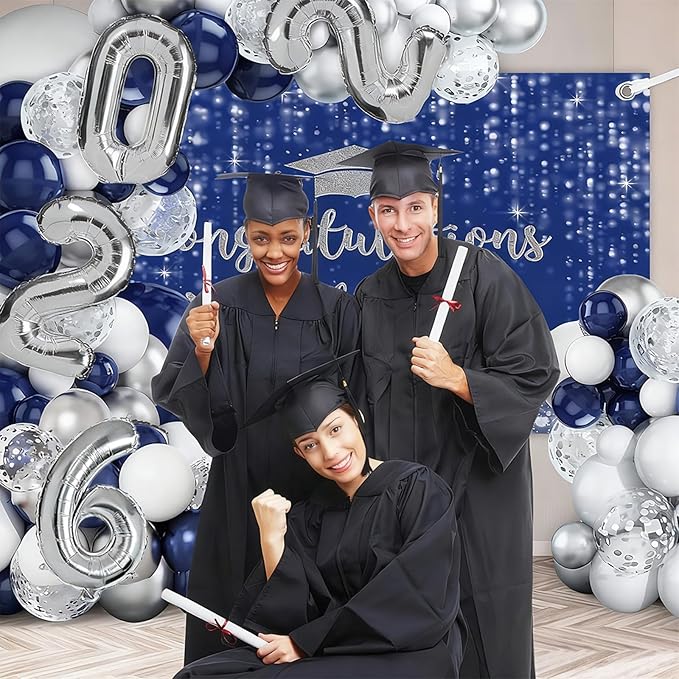 MEHOFOND Class of 2026 Graduation Balloon Arch Kit 152PCS Blue Silver Congrats Grad Decorations with 2026 Number Balloons for High School College Graduation Party Supplies