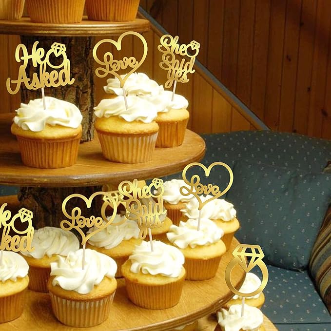 Gyufise 24 Pack Light Gold Glitter He Asked She Said Yes Cupcake Toppers Diamond Ring Heart Love Cake Picks for Wedding Engagement Party Cake Decorations