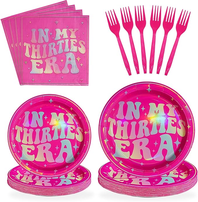 96Pcs In My Thirties Era Plates and Napkins 350GSM Holographic Rainbow 30th Birthday Decoration Hot Pink Tableware Set Singer In My Thirties Era Decoration for Fans Women 30th Birthday Party Serves 24