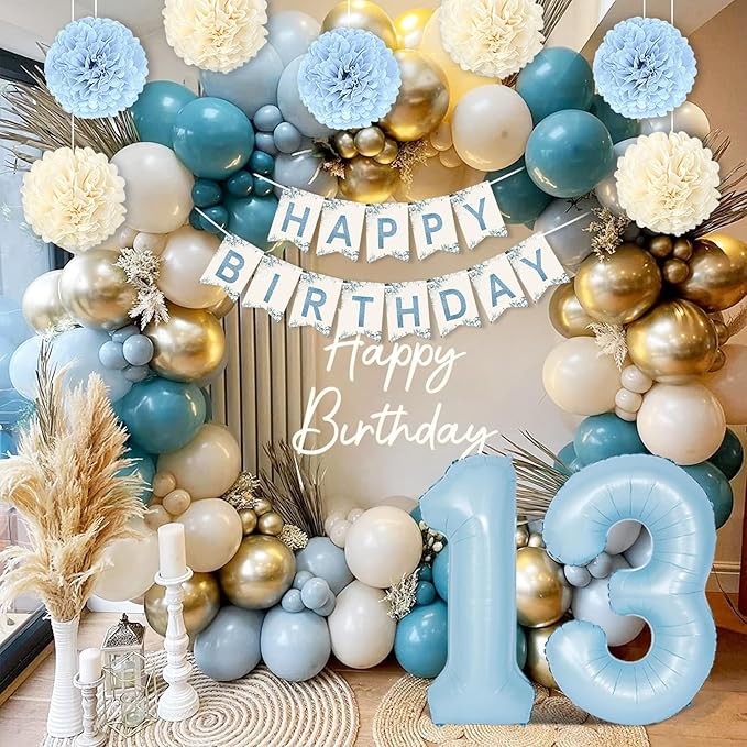 13th Birthday Decorations for Girls, Blue Official Teenager Decorations Light Blue White Gold Balloons Happy Birthday Banner Tablecloth Fringe Curtain Cake Topper Paper Pom Poms 13 Bday Boys Girls
