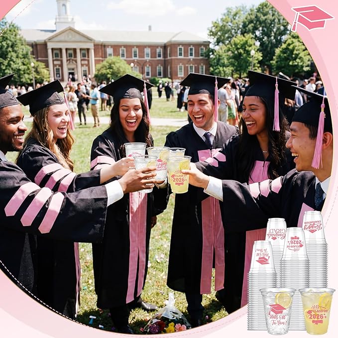 Eaasty 100 Pcs 12oz Graduation Cups 2026 Disposable Plastic Cups for Class of 2026 Graduation Party Congrats Grad Elegant Party Supplies Tableware Decorations (Pink)