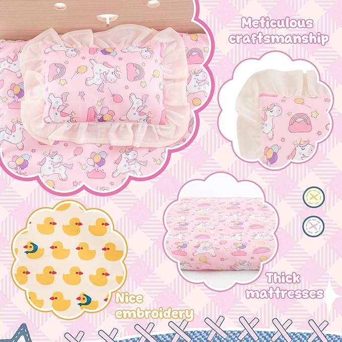6 Set 18 Inch Doll Bedding Accessories Set, Included Comforter, Mattress, Pillow Cute Accessories- Fits 18 Doll Beds, Bunkbeds, Cribs and Cradles, Featuring Pretty Lace and a Securing Cord