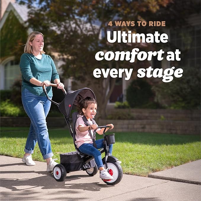 Radio Flyer City 4-in-1 Stroll 'N Trike, Mocha, for Riders 1-5 Years Old, 4 Riding Modes, 3 Point Harness with Comfort Pad, Parent Controlled Steering, Rear Storage, Stroller Tricycle for Toddlers