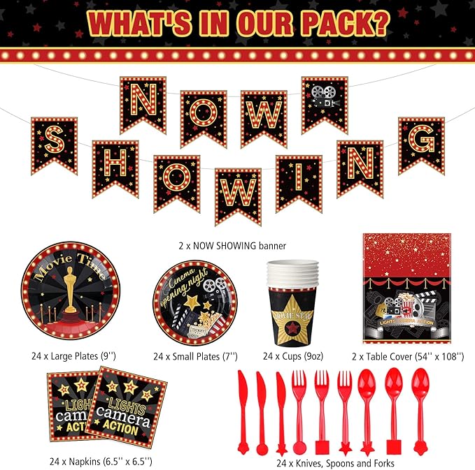 Tiamon 171 Pcs Movie Night Party Supplies Serves 24 Include Movie Theater Tablecloth Now Showing Banner TV Show Theme Plates and Napkins Tableware Set for Red Carpet Birthday Party Decorations