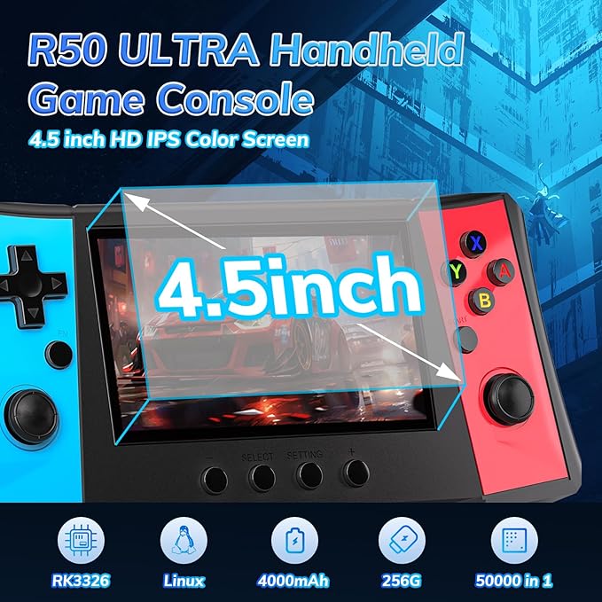 FVBADE 【50000 in 1】 R50 Ultra Handheld Game Console 4.5 inch IPS Screen Mini Retro Console 4000mAh Portable Pocket Arcade 12+ Mainstream Emulator 256G TF Card Transparent(Red)