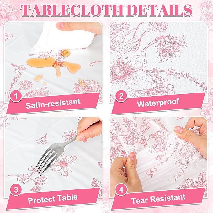 6 Pack Pink Floral Plastic Tablecloths, 54 X 108Inch Tea Party Tablecloth Disposable Vintage Table Cloth Pink and White Porcelain Tables Decor for Easter Mother's Day Birthday Garden Wedding Tea Party