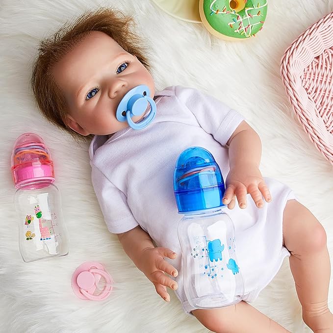 Jexine 4 Pieces Reborn Doll Accessories, Includes 2 Magnetic Pacifier and 2 Doll Bottles, Feeding Bottle Gift for Shower Birthday, Random Pattern(125 ml,Cute,Pink,Blue)